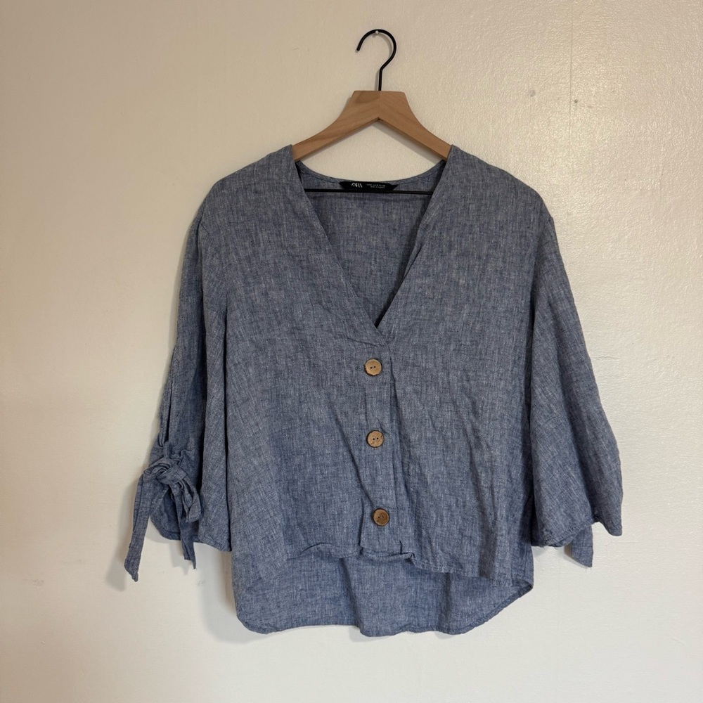 Zara Blue Cotton/Linen Blend Medium Blue Top with Tie Sleeves Casual Summer
